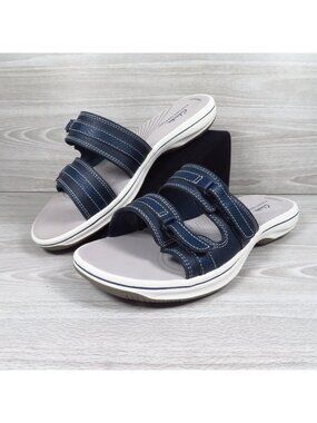 Clarks Cloudsteppers Breeze Piper Slide Sandals Women's Sz 9 Navy Blue Slip-On
